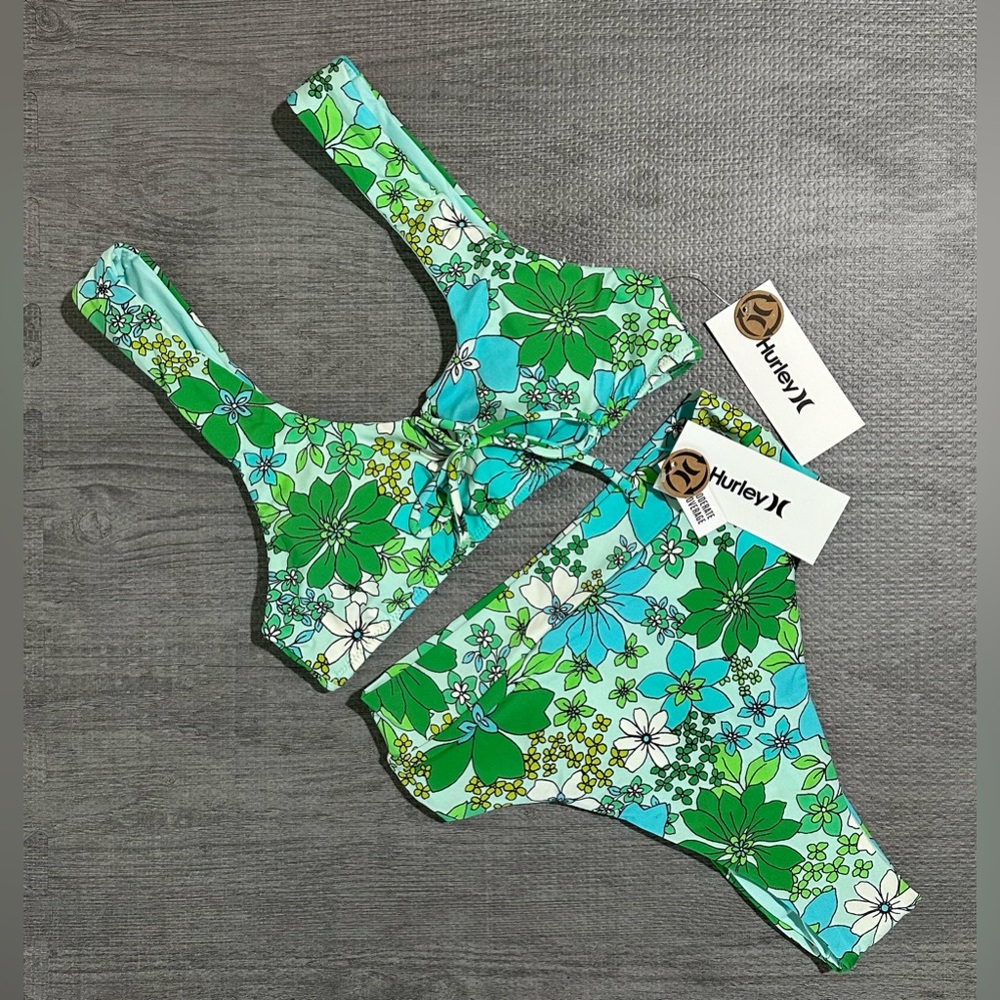 Hurley Wild Bloom Tie front top and RVSB HighW bottom 2 piece bikini size XS NWT